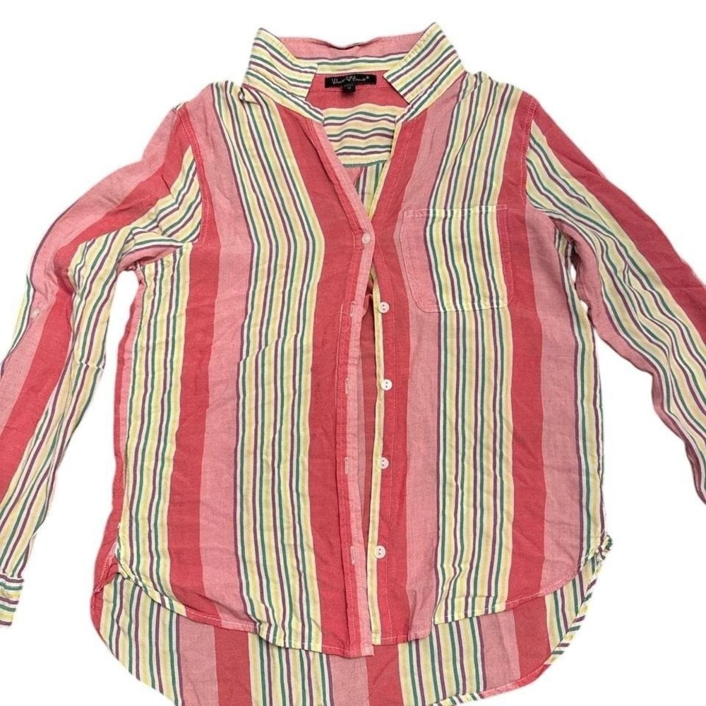Velvet Heart Womans medium Button Down Shirt Multicolor‎ Stripe Pink Yellow
